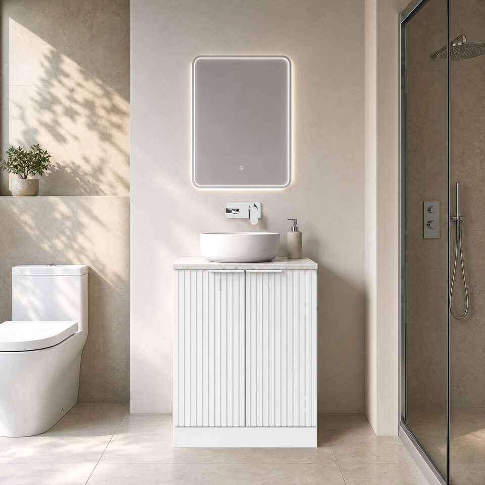 image 1 of Balterley Callingwood Contemporary Floor Standing 2 Door Vanity Unit with White Nebula Laminate Worktop , 600mm, Matt White