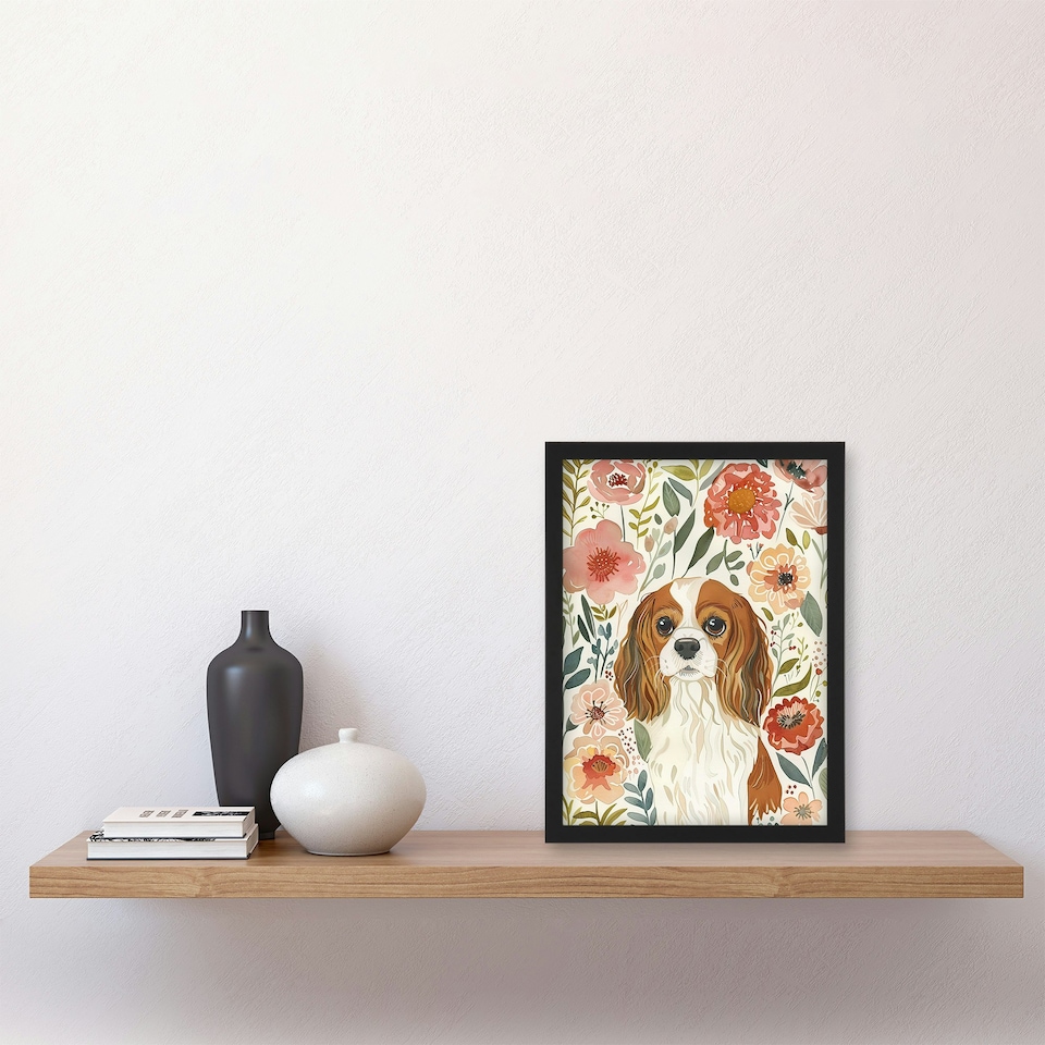 image 1 of Cavalier King Charles Spaniel in Wildflowers Black Framed Wall Art Print A4