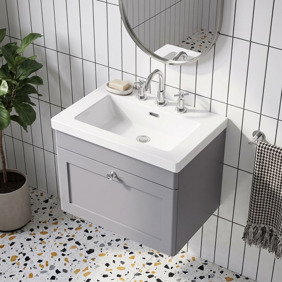 image 1 of Balterley Swynnerton Traditional 1 Drawer Wall Hung Vanity Unit with Fireclay Basin, Satin Grey, 600mm