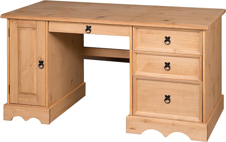 image 1 of Mercers Furniture Corona Straight Computer Desk 3 Drawer 1 Door Office Bedroom Solid Wood Pine with Mexican Styling Wooden