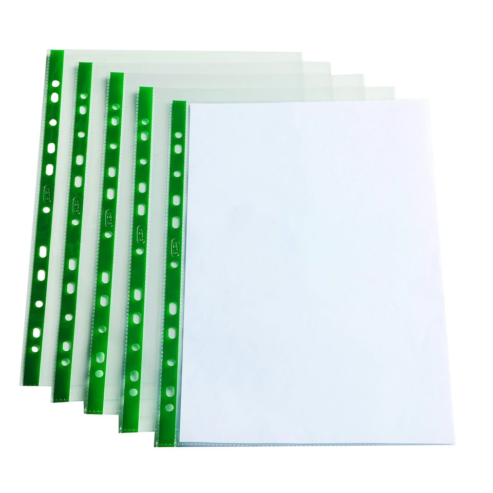 image 1 of Elba Hamelin A4 Glass Clear Standard Punched Pockets, Multipunched Green Strip, 55 Microns, Box of 100, 400002137