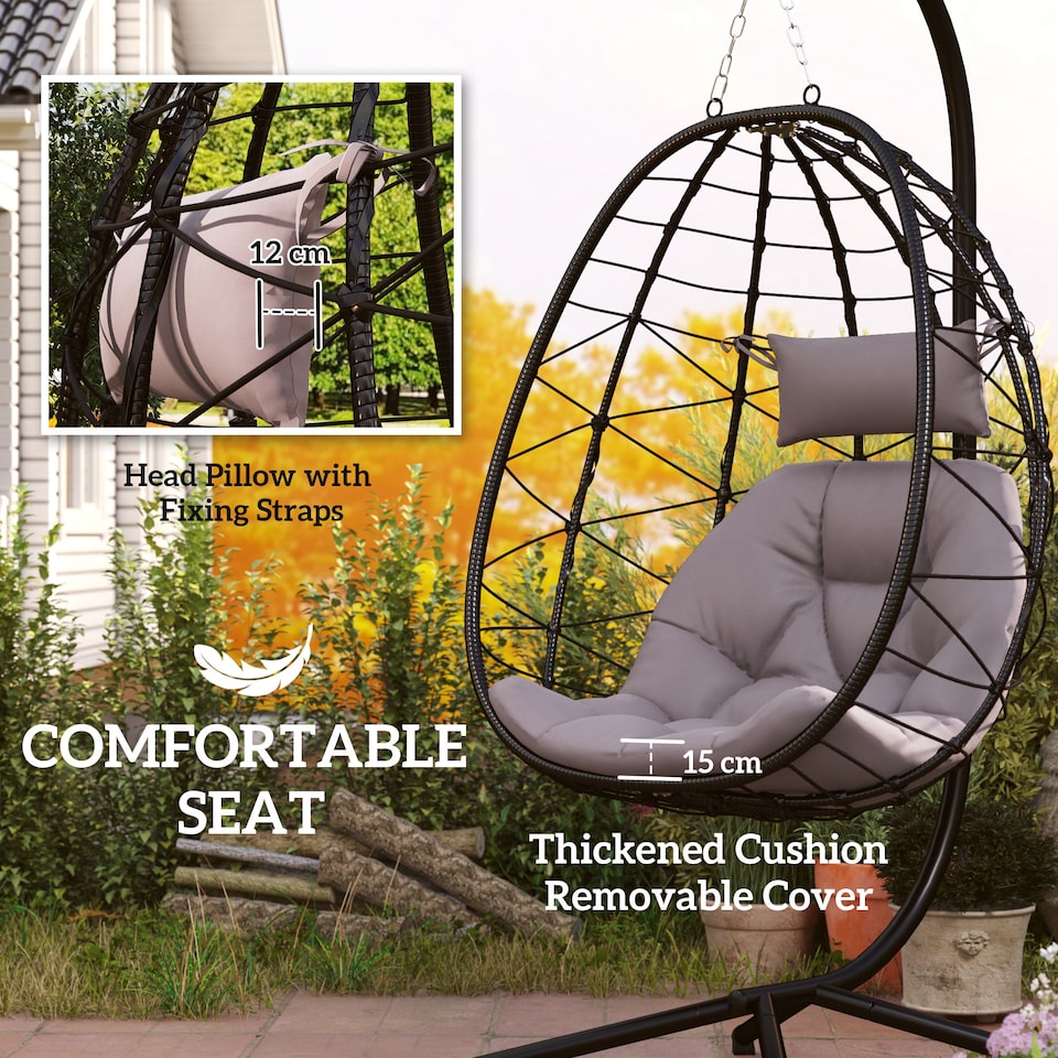 image 1 of Outsunny Garden Egg Chair Outdoor Hanging Swing Chair, Folding Basket, Grey
