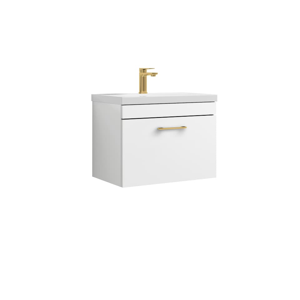 image 1 of Rio 1 Drawer Wall Hung Vanity Basin Unit - 600mm - Gloss White with Brushed Brass D Handle (Tap Not Included) White