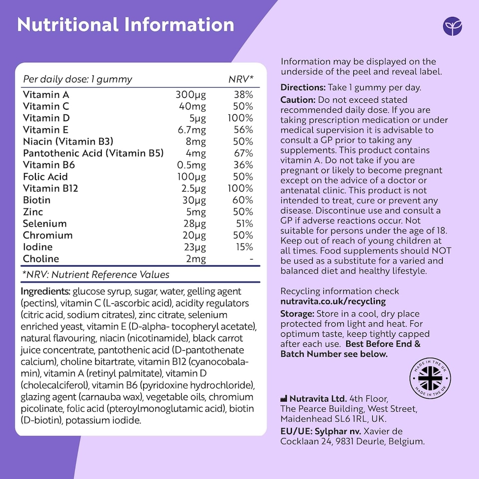 image 1 of Nutravita Vegan Multivitamin Gummies with 14 Vitamins & Minerals incl. Vitamin C D3 B12 Biotin Zinc - 120 Berry Flavour Chewable Adult Multivitamins