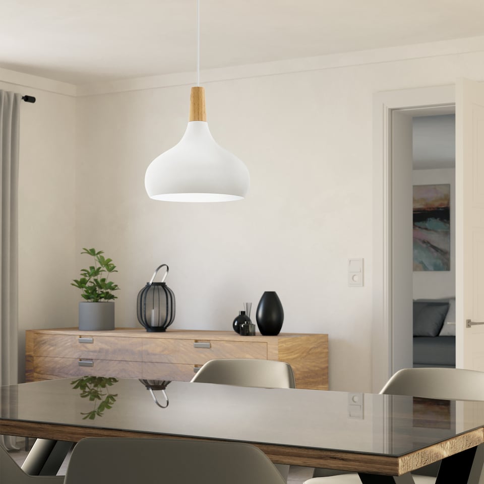 image 1 of EGLO Sabinar Metal and Wood Single Pendant Light, 28cm