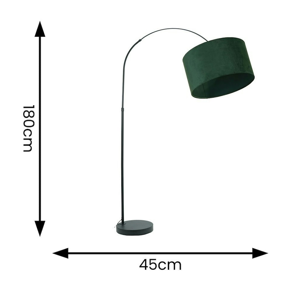 image 1 of ValueLights Louis Black Arched Curved Floor Lamp with Forest Green Velvet Drum Lamp Shade