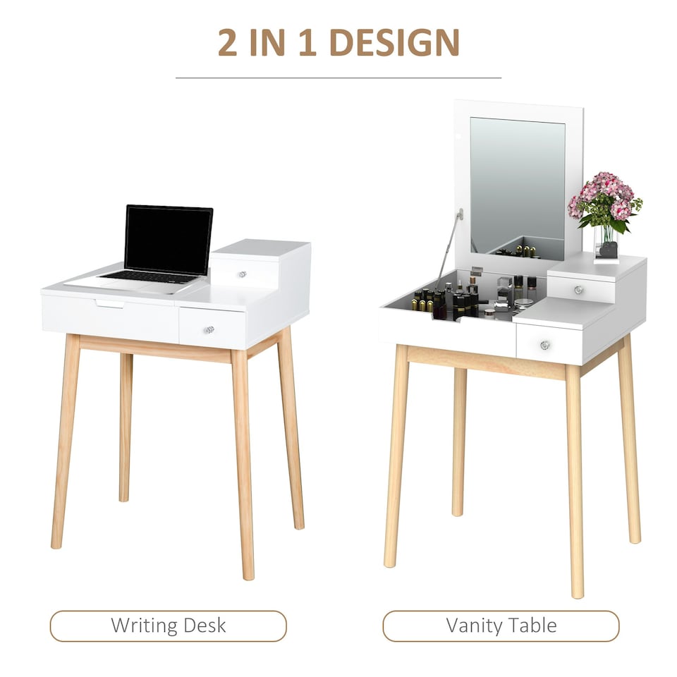image 1 of HOMCOM Dressing Table Vanity Desk Flip-up Mirror 2 Drawers, White