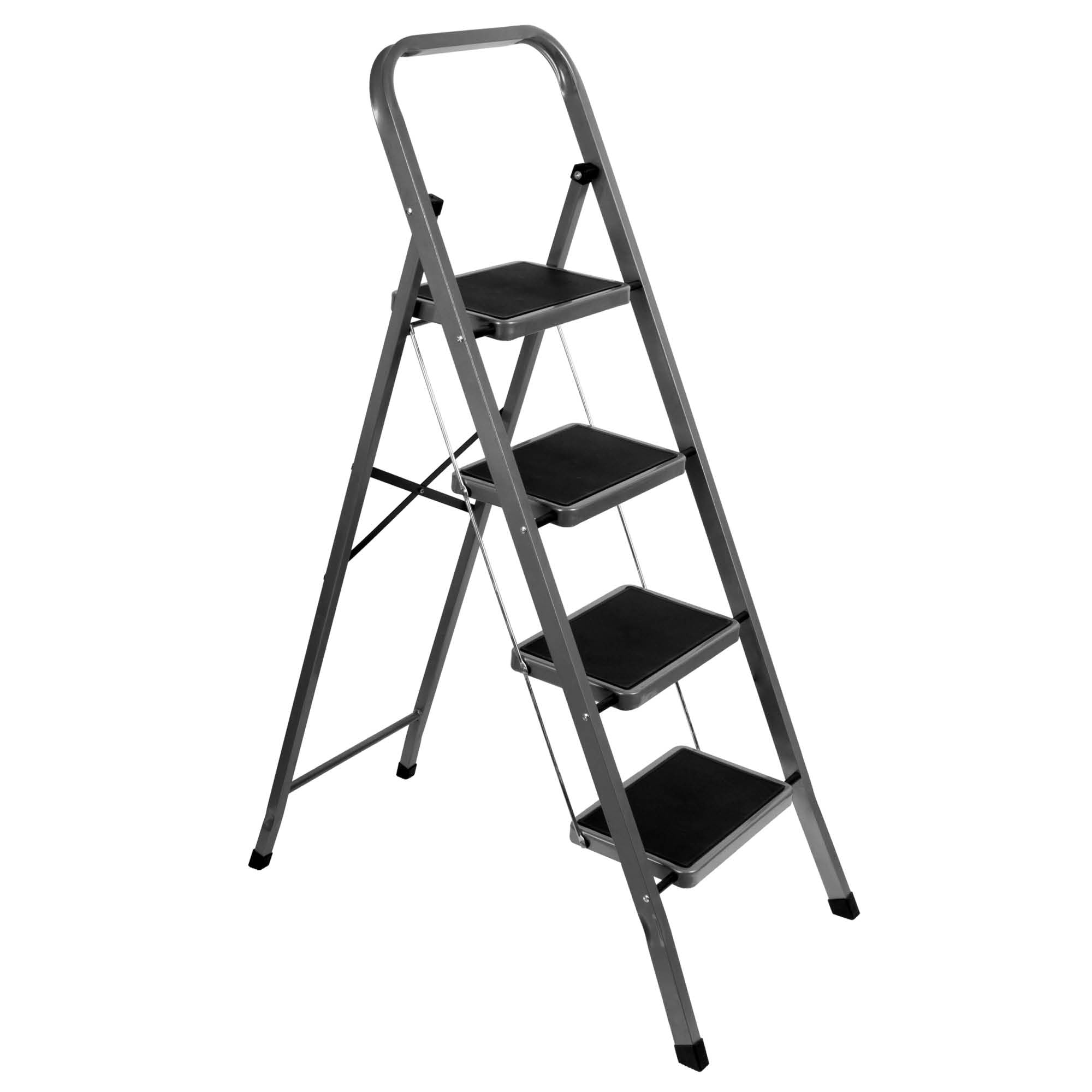 Futura 4 Step Ladder Grey, Heavy-Duty Steel Folding Home DIY Step Stool with Wide Non-Slip Steps & Anti Slip Feet 150kg Capacity