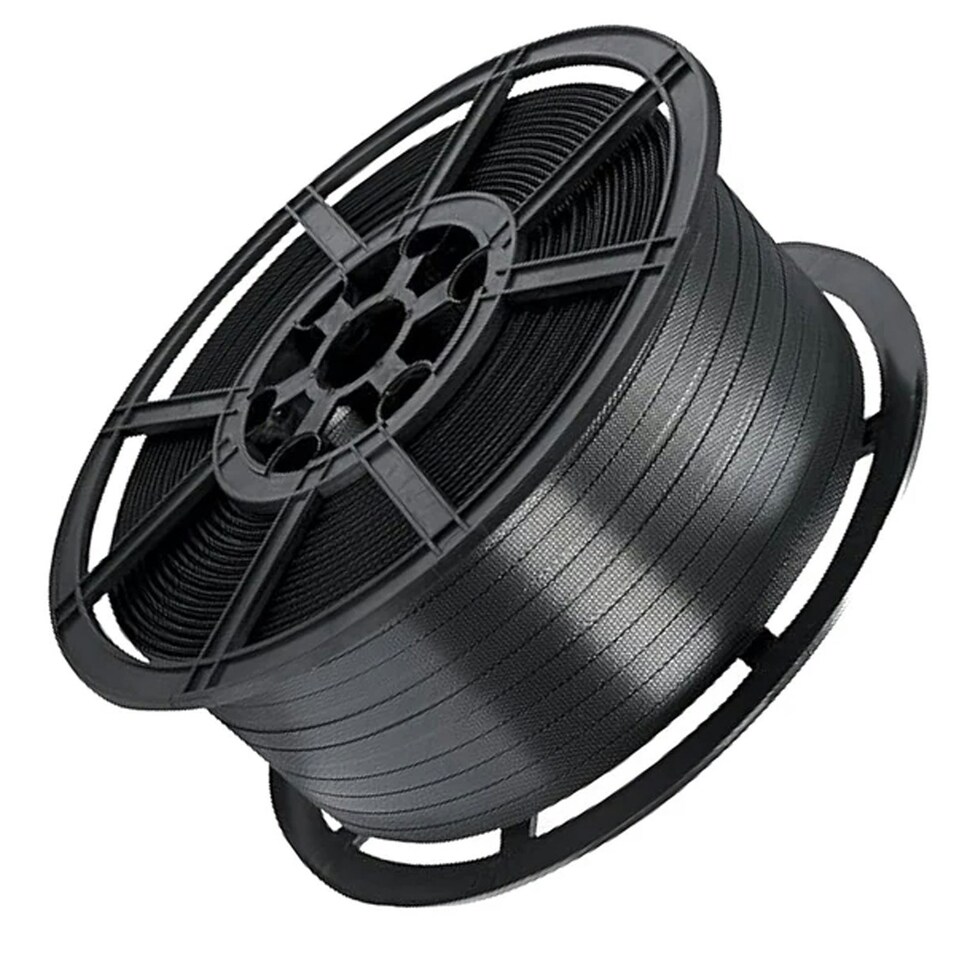 image 1 of 1 Coil of 12mm Wide 1000 Metres Per Coil 310kg Brake Strength Polypropylene Black Plastic Hand Pallet Strapping Coil