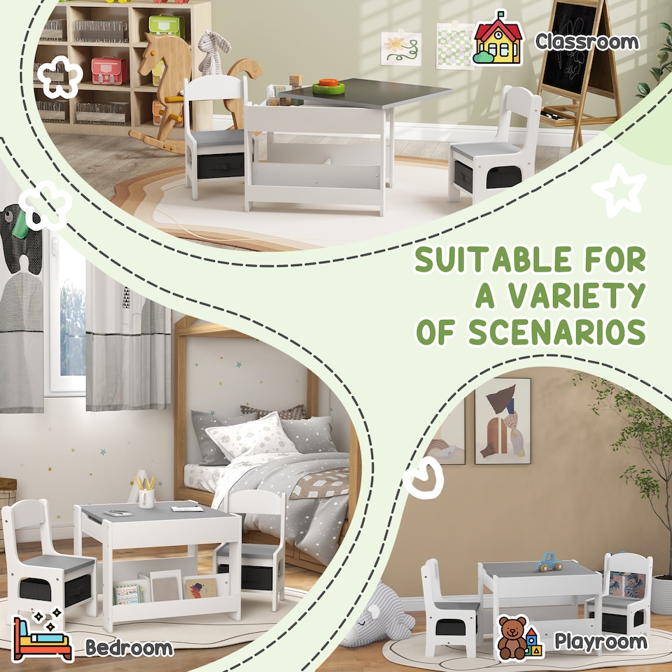 image 1 of HOMCOM 3-Piece Kids Table and Chair Set for Nursery, Playroom, Classroom