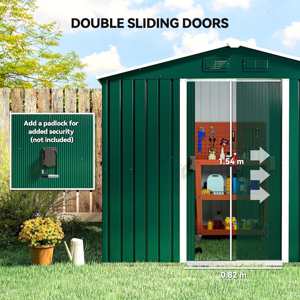image 1 of Outsunny 7.7 x 5.7ft Metal Garden Shed with Ventilation Slots and Sliding Doors, Galvanised Outdoor Tool Storage House, Green