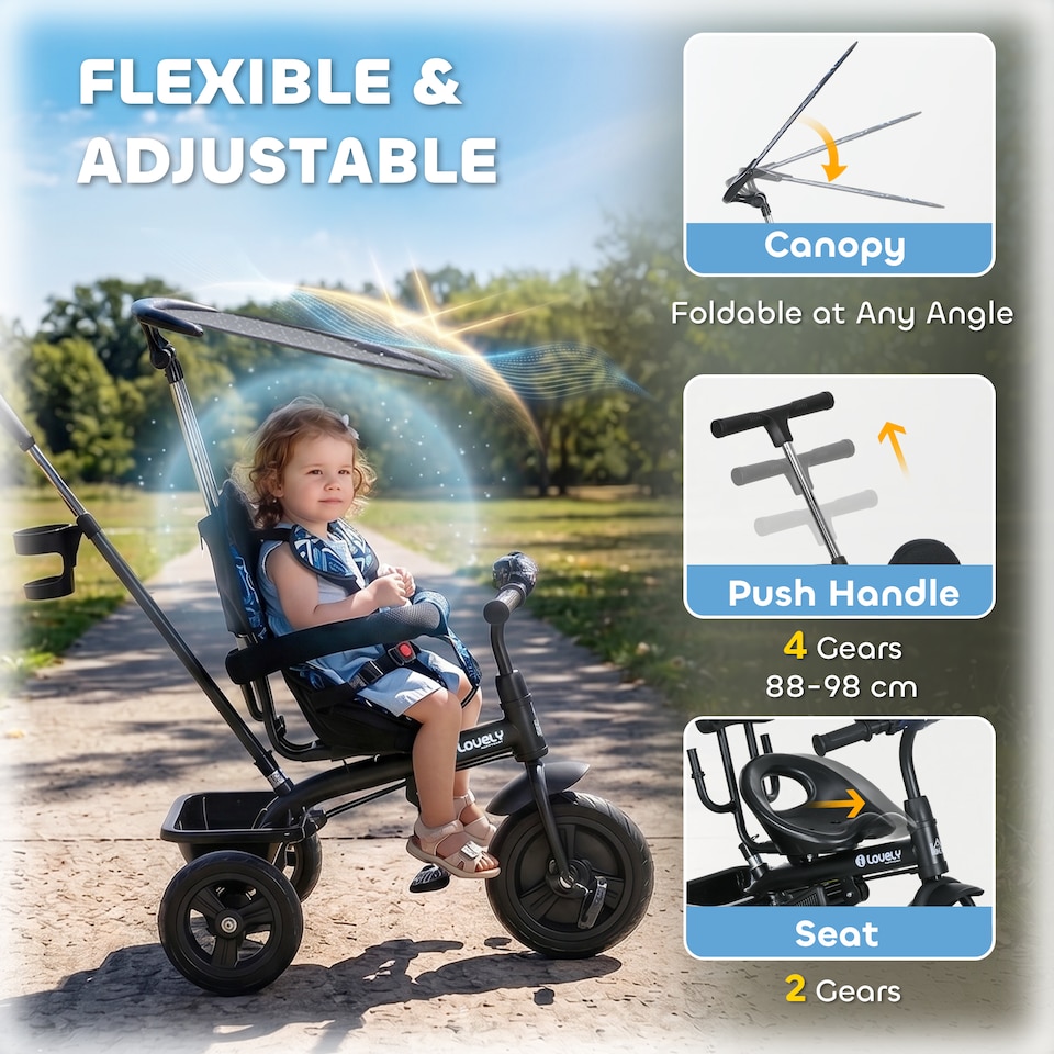 image 1 of HOMCOM 6 in 1 Kids Tricycle w/ Removable Handle for 1.5+ year, Dark Blue