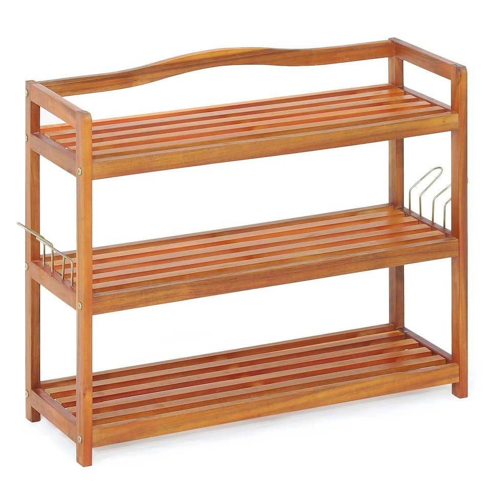image 1 of COSTWAY 3-Tier Wood Shoe Rack Solid Shoe Storage Shelf Brown