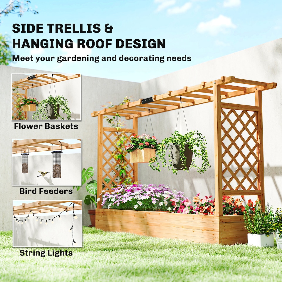 image 1 of Outsunny Raised Bed for Garden with Trellis, 200 x 44 x 113.5 cm, Natural | Brown