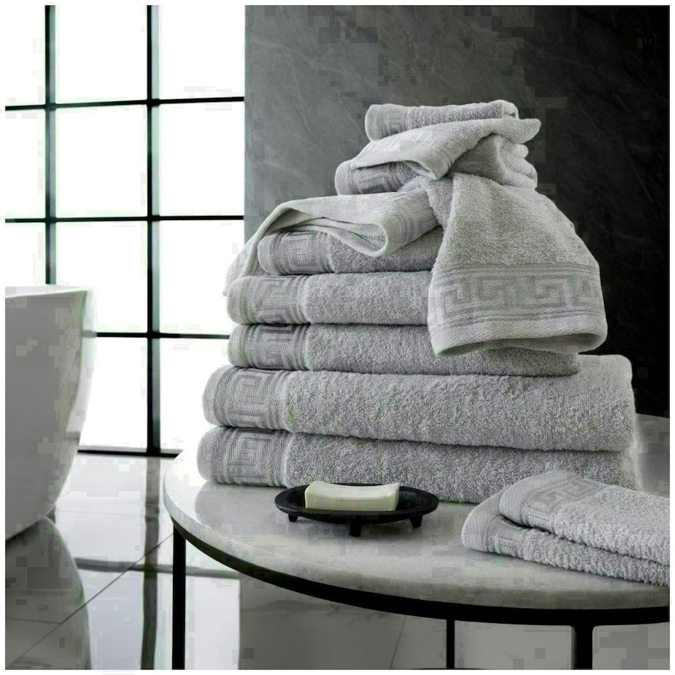 image 1 of VELVETIO 8 Piece Towel Bale Set Jacquard Greek Key Pattern - 100% Cotton, 450 GSM White