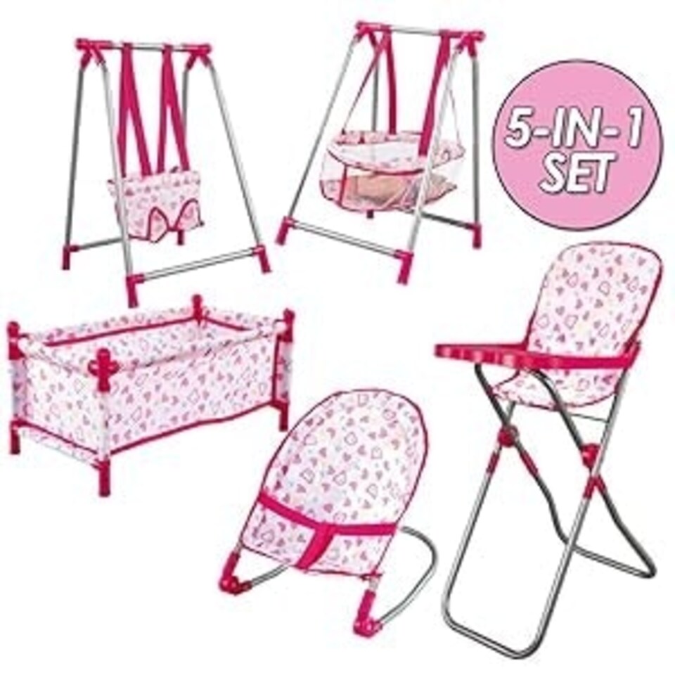 image 1 of 5-in-1 Baby Doll Play Set - with Cot, Swing & High Chair Cot Bed, Bouncer, Adjustable Swing Seats & High Chair