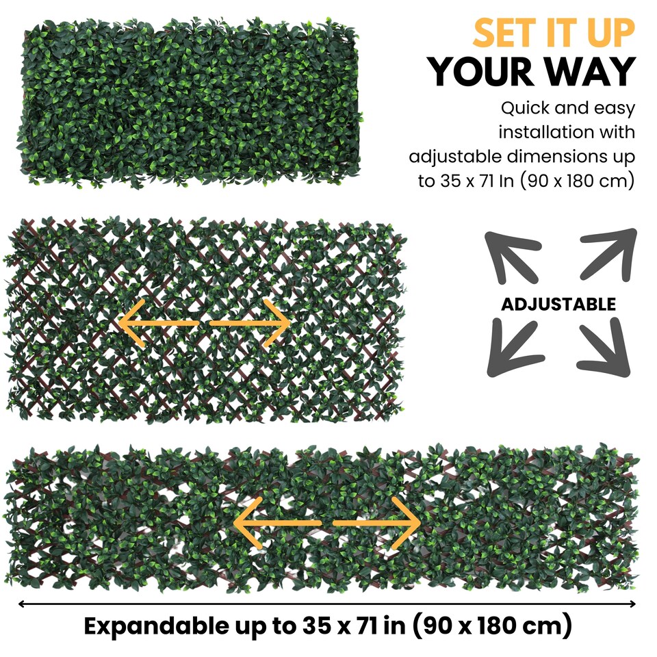 image 1 of Expanding Trellis With Artificial Leaves and Flowers - Ficus Leaf Garden Hedge Balcony Privacy Screening Panel | Green | Green | L | 1