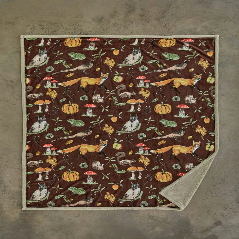 image 1 of Autumn Animals Throw – Woodland Sherpa Blanket with Squirrels, Hedgehogs & Mushrooms 130x170cm Multi | Mocha