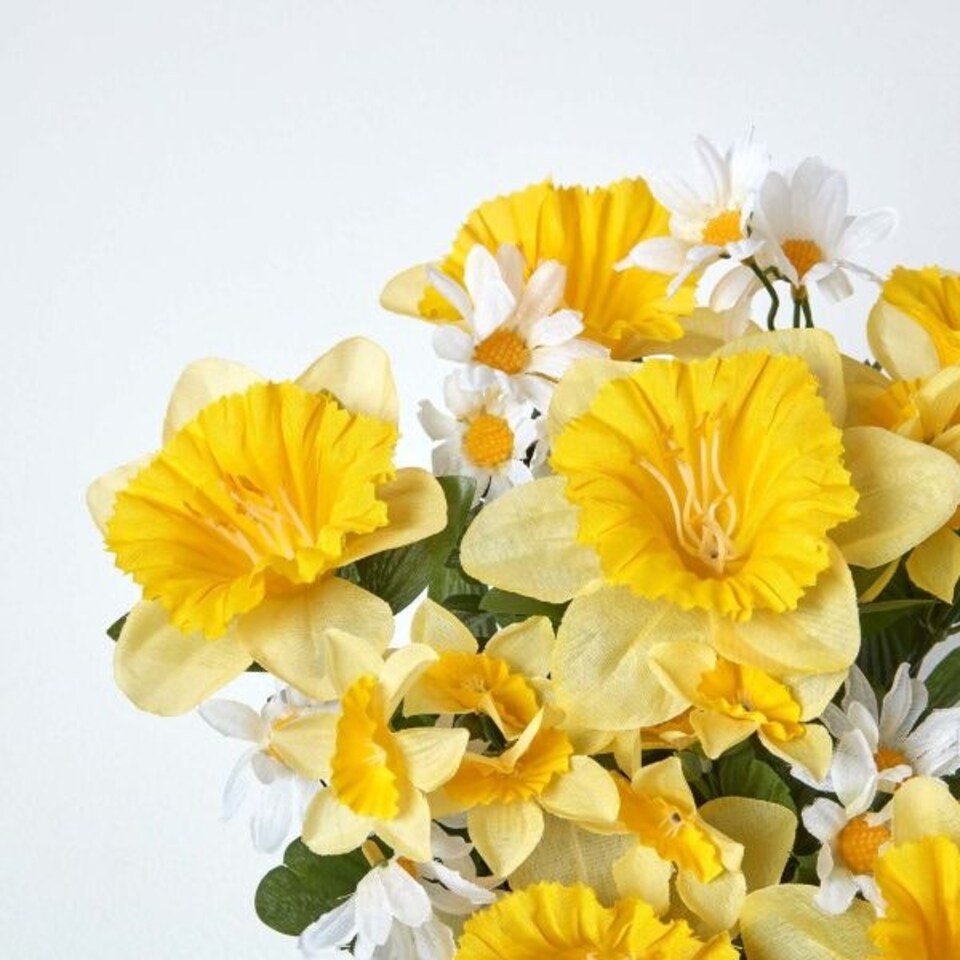 image 1 of Homescapes Set of 2 Yellow & Orange Narcissus & Daisy Artificial Flowers in Grave Vases