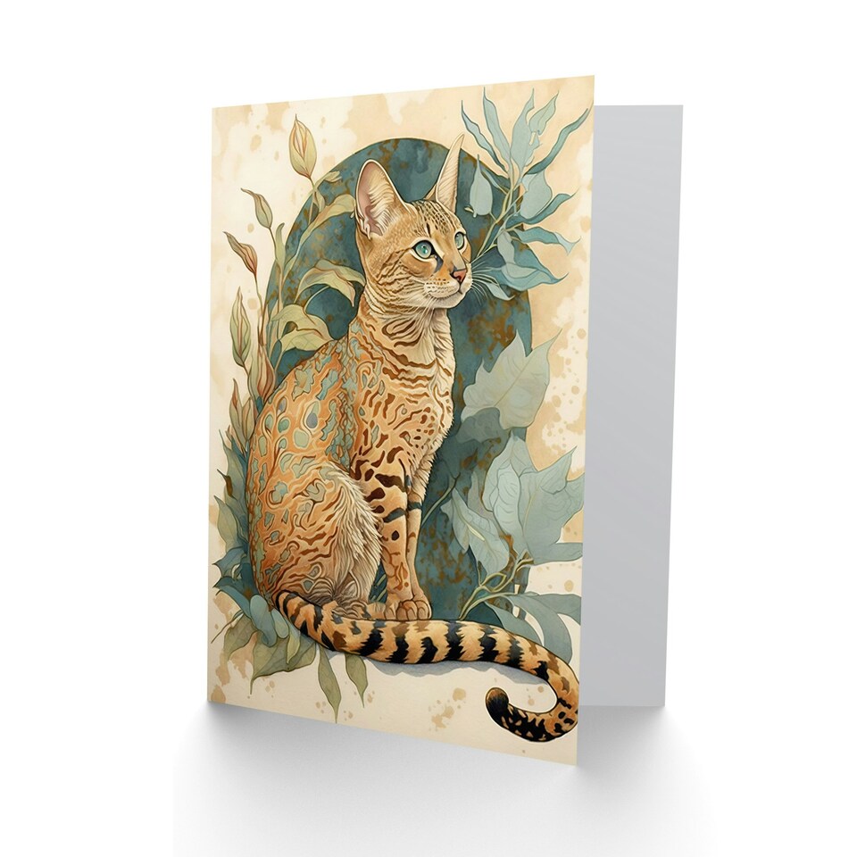 image 1 of Ocicat and Plants Modern Art Nouveau Cat Lover Art Card