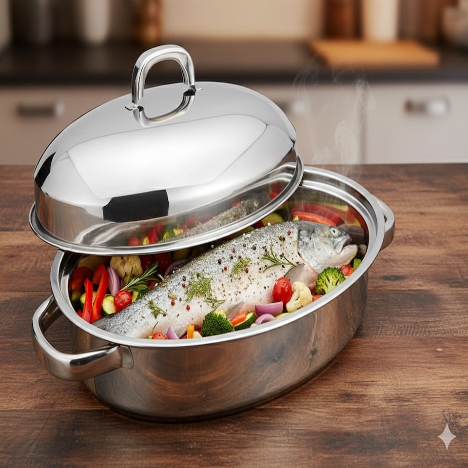 image 1 of Stainless Steel Roasting Oval Pan Tray Set with Removable Rack Cooking Baking Sturdy Handles - Size 32 cm N/A