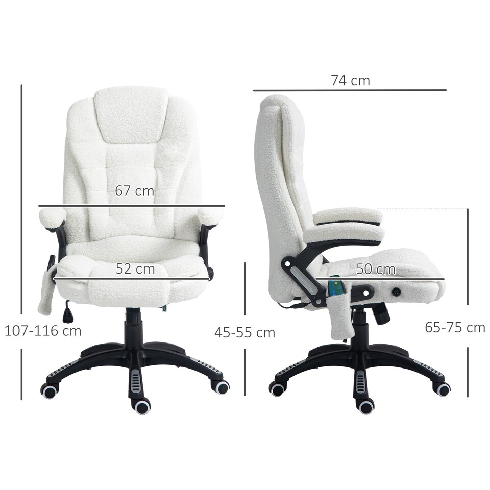 image 1 of Vinsetto Office Chair, Ergonomic Desk Chair with 6-Point Massage and Back Heated, Boucle-Feel Fabric Computer Gaming Chair with Arms, Lumbar Support, White
