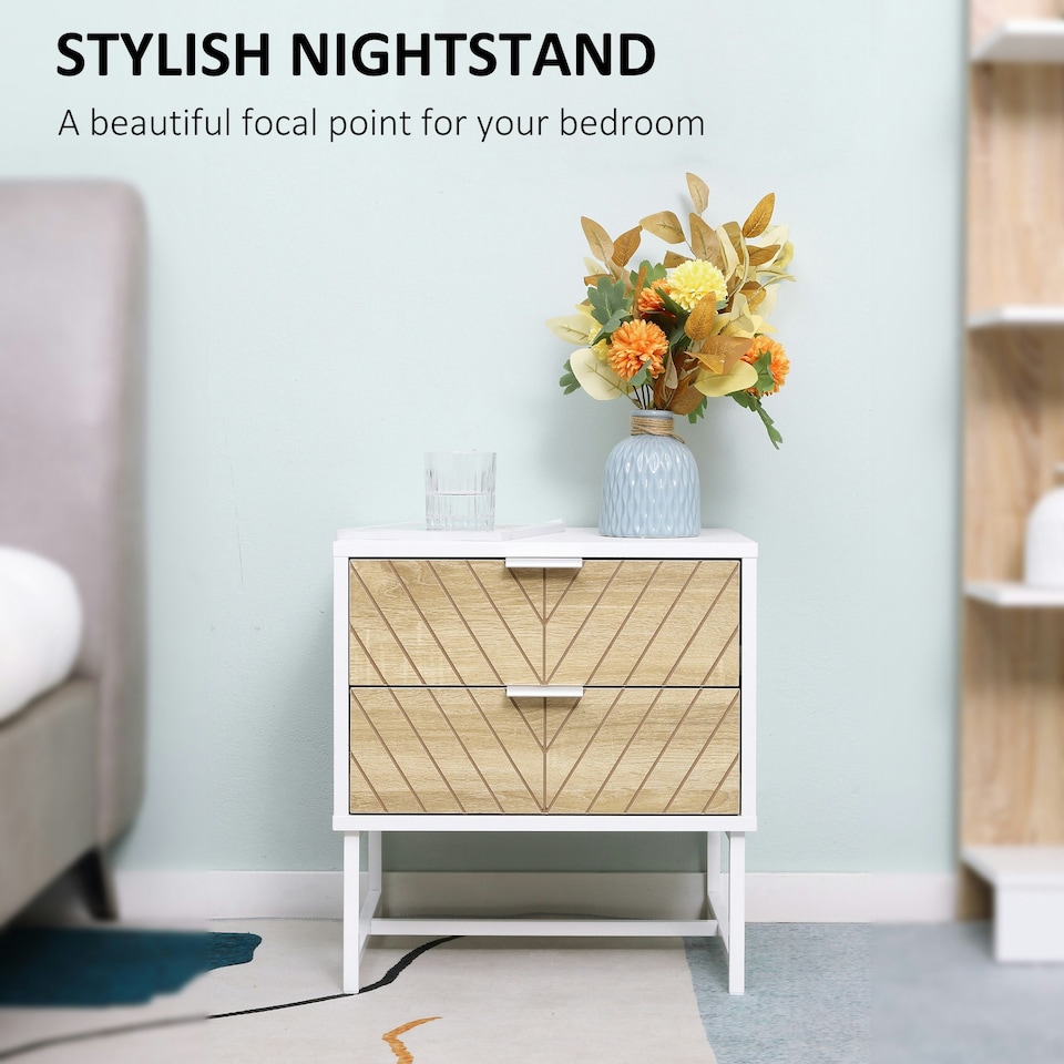 image 1 of HOMCOM Bedside Table End Table with 2 Drawers for Bedroom, White and Oak