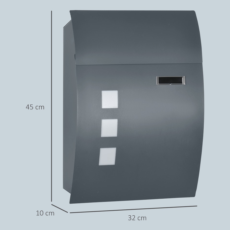 image 1 of HOMCOM Wall Mounted Letter Box, Weatherproof Post Box for Outside Wall, Modern Mailbox with 2 Keys and Nameplate, Anthracite Grey | Grey