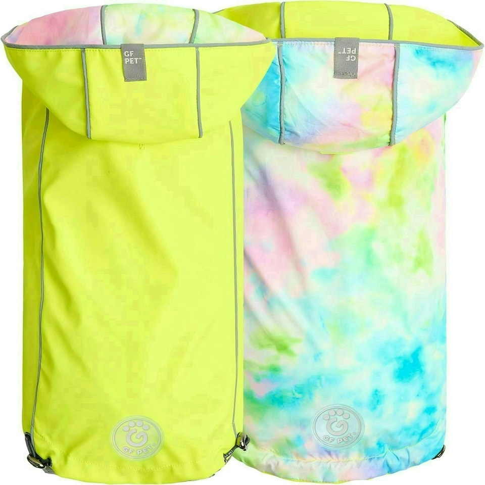 image 1 of GF Pet Dog Raincoat Elasto-Fit Reversible Coat for Dogs Waterproof Hooded Jacket - Neon Aqua & Iridescent - Medium