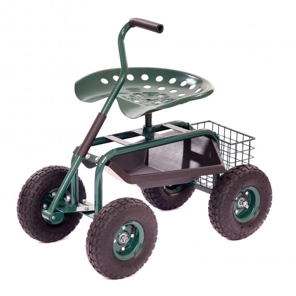image 1 of Outdoor Rolling Garden Seat Wheeled Stool with Tool Tray & Basket | Green