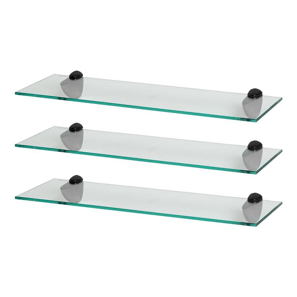 image 1 of Harbour Housewares Floating Glass Shelf - 60cm - Metallic Brackets - Bathroom Shower Storage Vanity Display Unit Shelf | Black | Black | 3