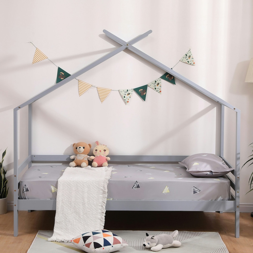 image 1 of Teddy Kids Childrens Grey Wooden House Treehouse Single Bed Frame (Single) | Grey | Grey | Single