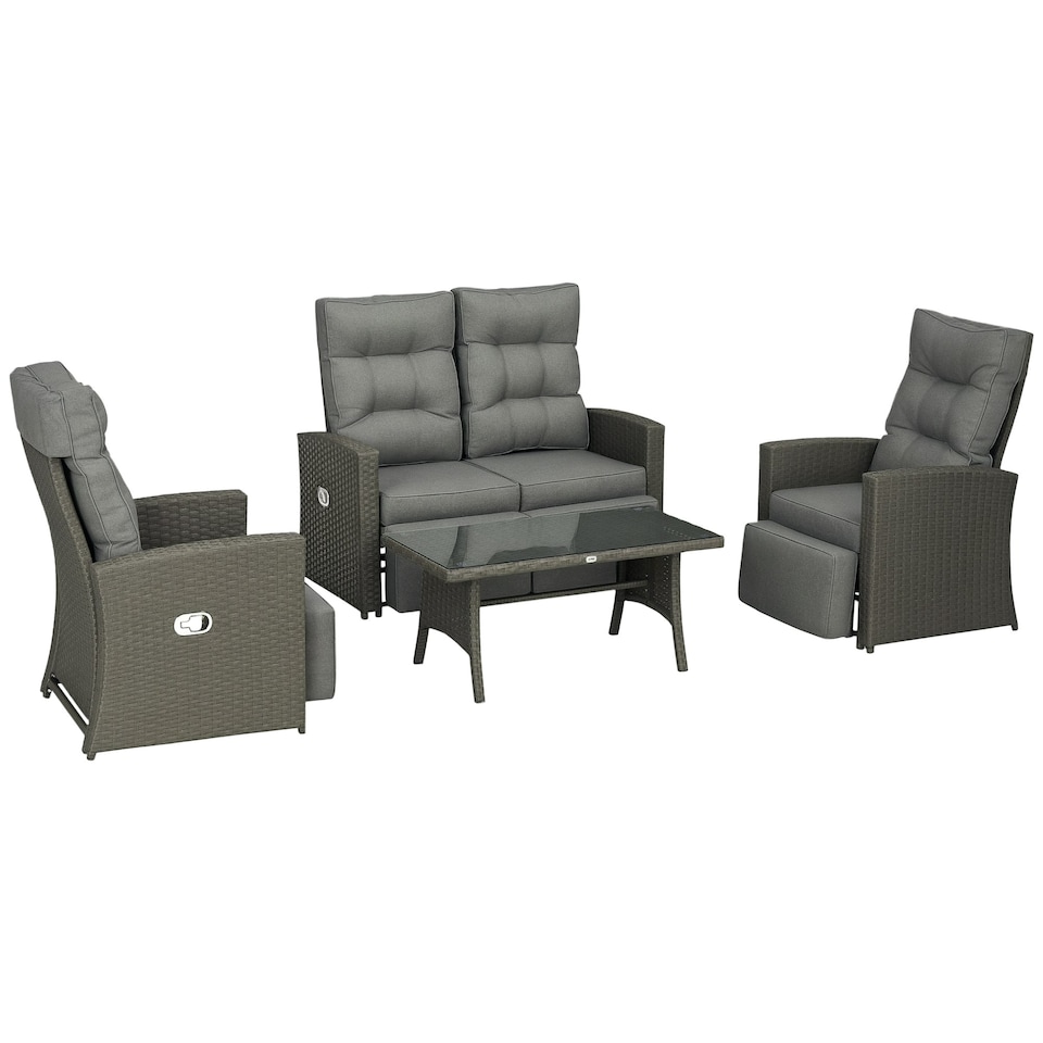 image 1 of Outsunny 4 Piece Rattan Garden Furniture Set with Sofa, Glass Table, Grey