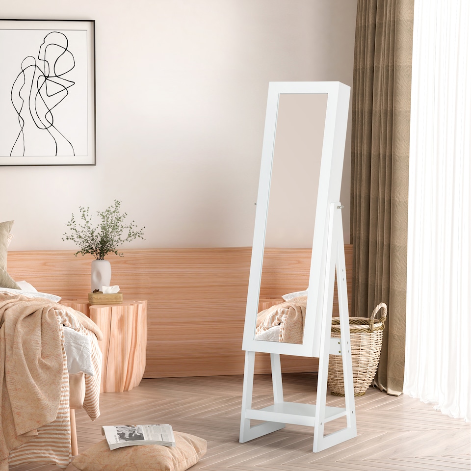 image 1 of HOMCOM Jewellery Cabinet, Standing Mirror with LED Lights, Full-Length Mirror with Storage Drawers, Hooks and Shelves, Make-Up Armoire, Jewellery Organiser for Bedroom, White