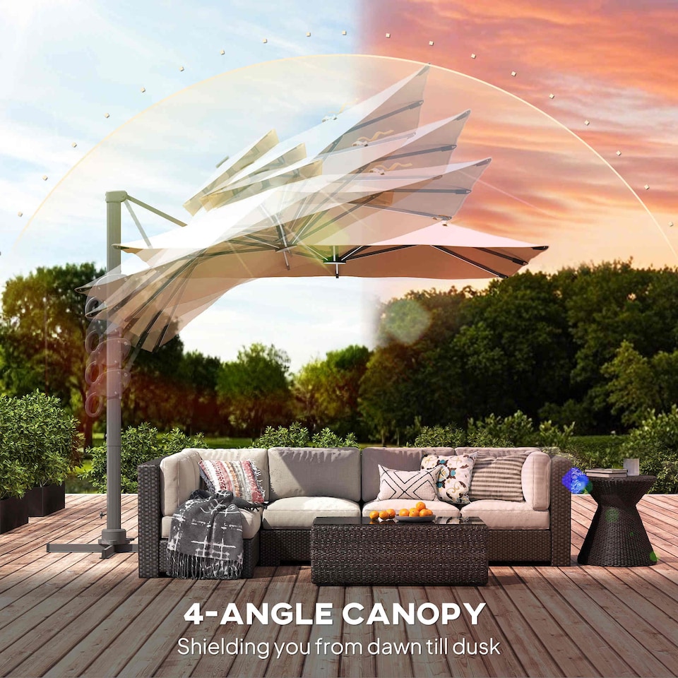 image 1 of Outsunny 3 x 3m Cantilever Roma Parasol Garden Sun Umbrella, Twotier 250g Polyester Sun Shade with LED Solar Light, Aluminium Frame, Cross Base 360 Rotating Khaki | Brown