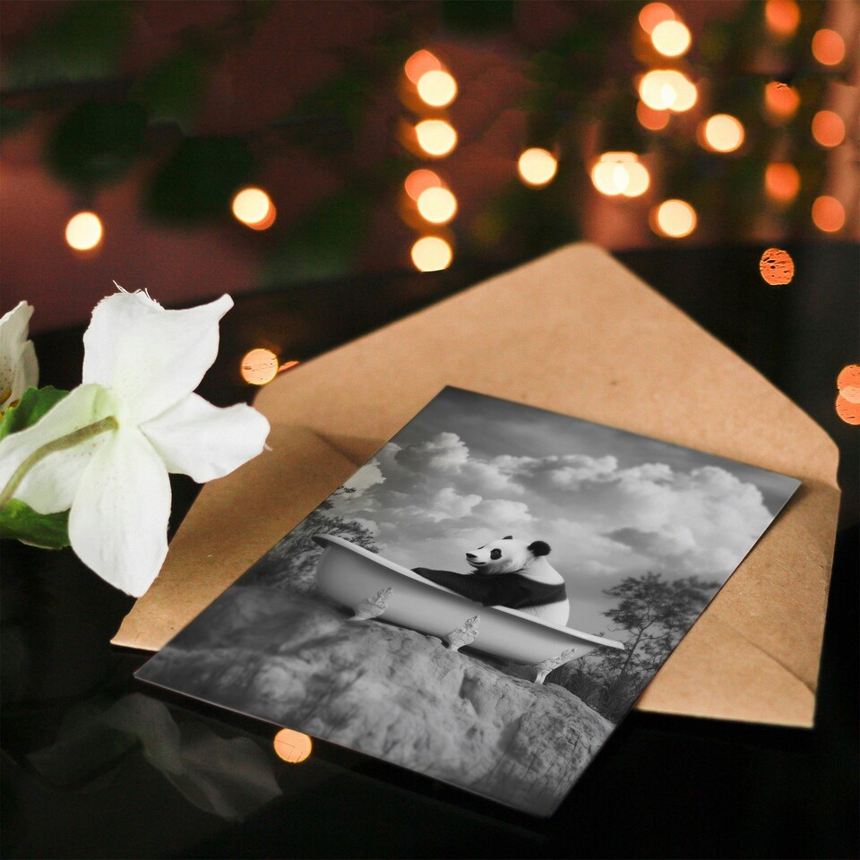 image 1 of Panda Bear in Elegant Bathtub Black White Surreal Birthday Greeting Card