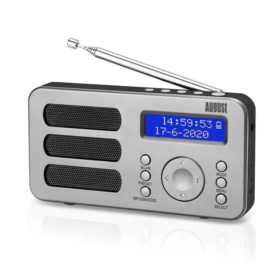 image 1 of Portable DAB, DAB+, FM Radio Alarm Clock with Built-In Rechargeable Battery + RDS, DRC, Prune & AUX Output - August MB225S
