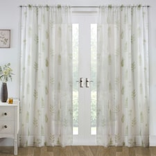 Pair of Bracken Green Leaf Print Voile Panels 122 cm (48 inch) Rod Pocket Panels for Bedroom and Living Room
