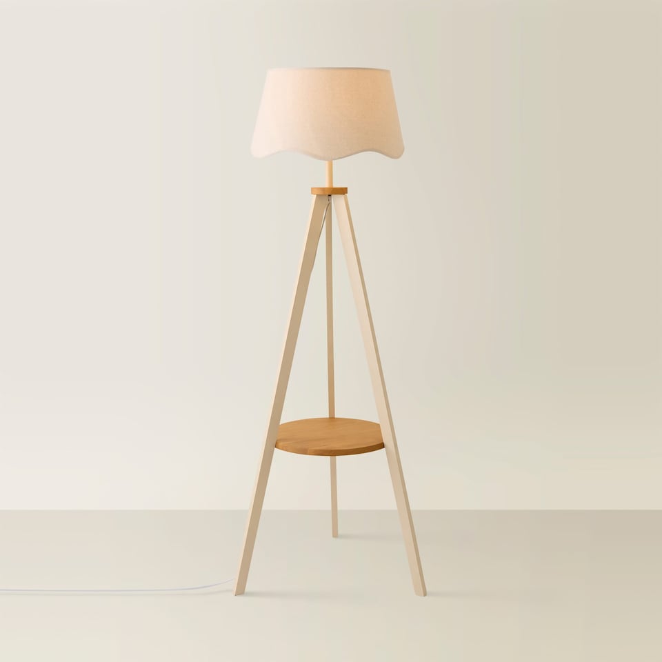 image 1 of ValueLights Morrigan Cream Wood Floor Lamp Natural Scallop Shade | Cream