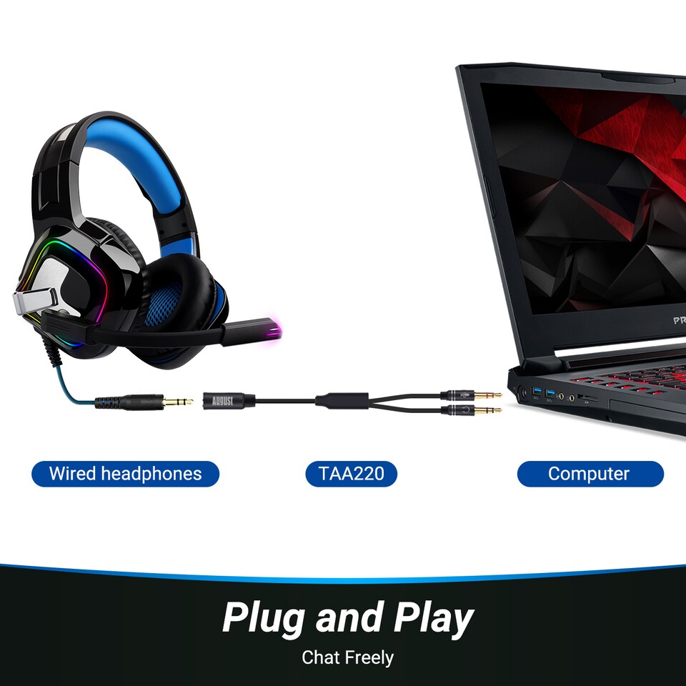 image 1 of 3.5mm Headphone Jack Splitter for Microphone & Stereo Audio Headphones - August TAA220