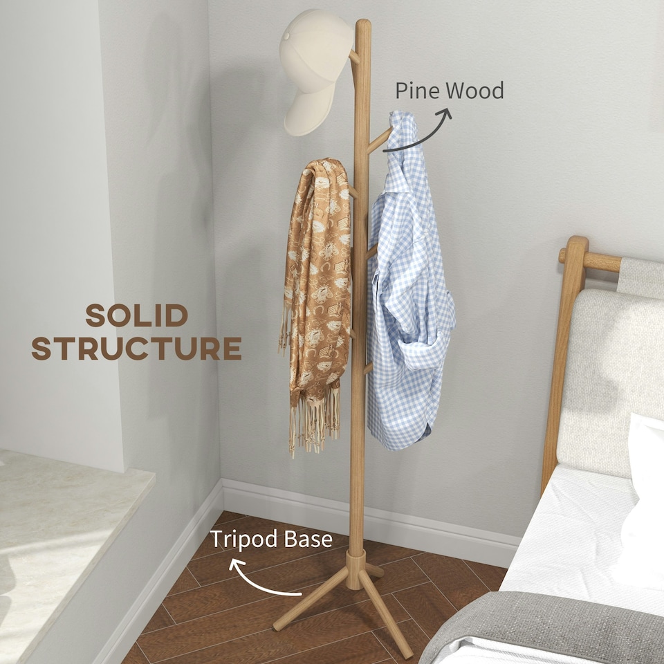 image 1 of HOMCOM Coat Rack Bamboo Coat Stand with 8 Hooks for Handbags, Natural