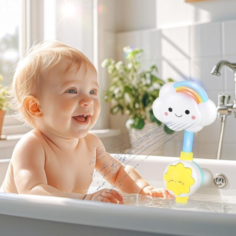 image 1 of Baby Shower Bath Toy Set - Cloud Sprinkler Faucet with Foldable Bathtub Shower Head, Gentle Water Spray & Cartoon Fountain Toy - Fun Sensory Bath Play for Toddlers, Perfect Birthday & Christmas Gift