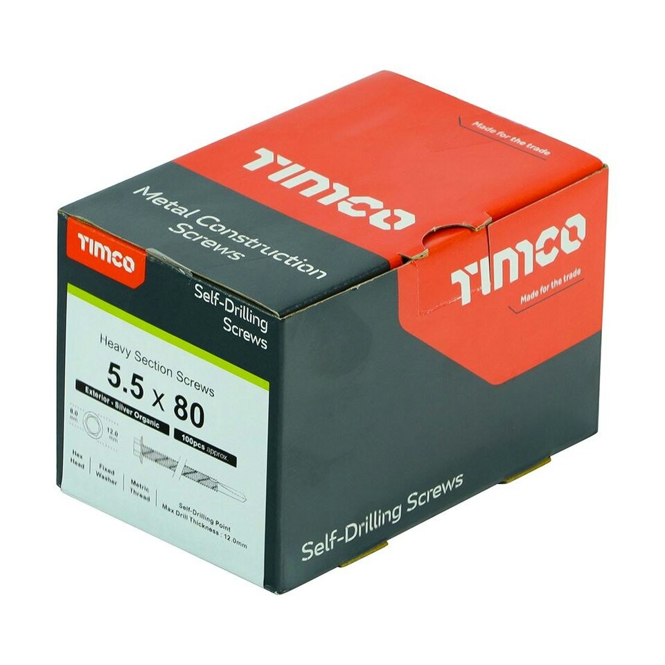 image 1 of Timco - Metal Construction Heavy Section Screws - Hex - Self-Drilling - Exterior - Silver Organic (Size 5.5 x 80 - 100 Pieces)