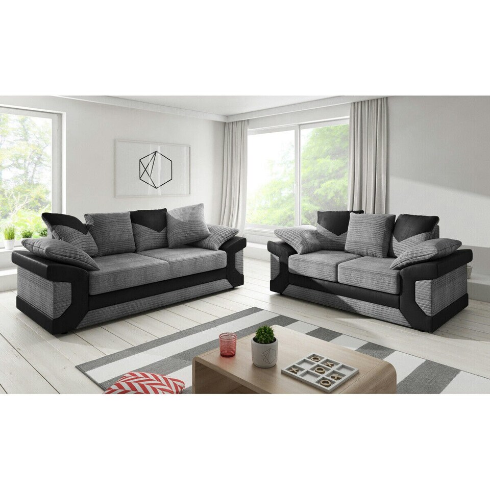 image 1 of Toledo 5 Seater Grey Jumbo Cord 3+2 Sofa Set With a Modern Black Leather Trim Grey | A  sleek black leather trim