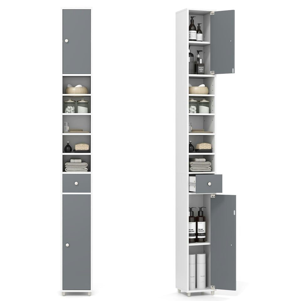 image 1 of COSTWAY Slim Bathroom Cabinet Floor Storage Organizer White Grey