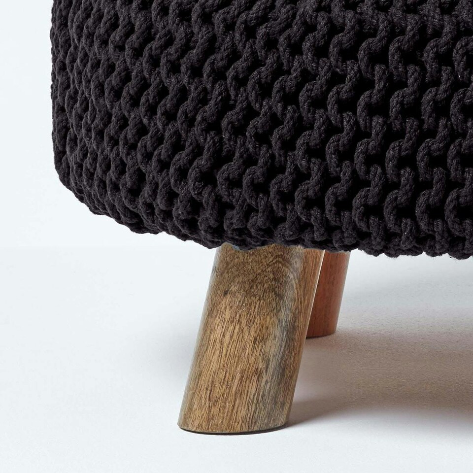 image 1 of Homescapes Black Large Round Cotton Knitted Footstool on Legs | Black | 62 x 62 x 30 cm