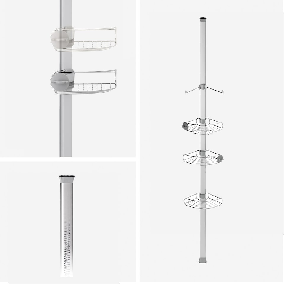 image 1 of Simplehuman Medium Tension Shower Caddy with Adjustable Shleves, Extends 1.5 to 2.4m | Silver | Matt Stainless Steel + Anodised Aluminium | Medium | 1