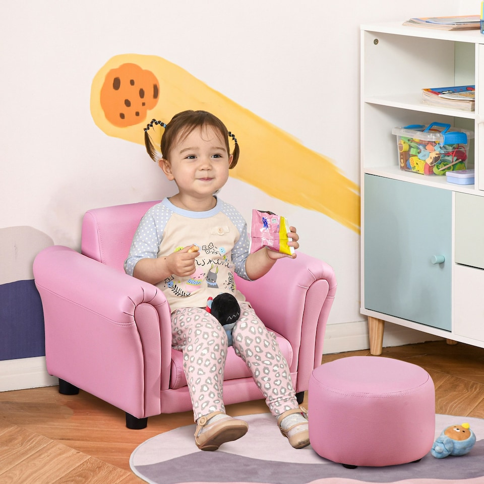 image 1 of HOMCOM Kids Sofa Set, 2 Piece Children Armchair with Stool Nursery Black