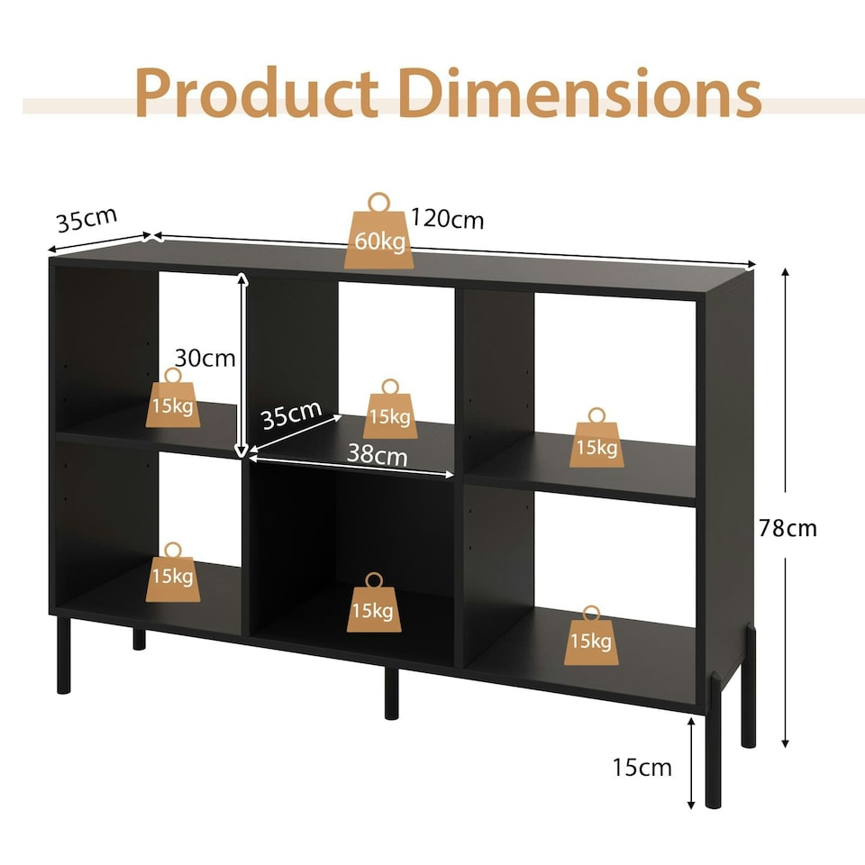 image 1 of COSTWAY Wooden Storage Bookcase 6 Cube Bookshelf Rack Black Black