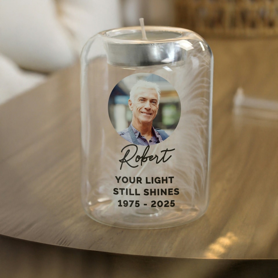 image 1 of Personalised Photo Upload Memorial Feather Tealight Holder Clear